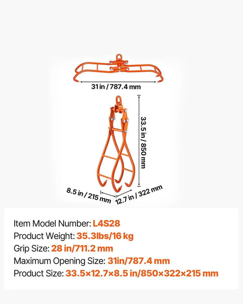 Four Claw Timber Log Grapple 31 Inch Opening 2205 Lbs Capacity For Tractors, specifications and dimensions view.