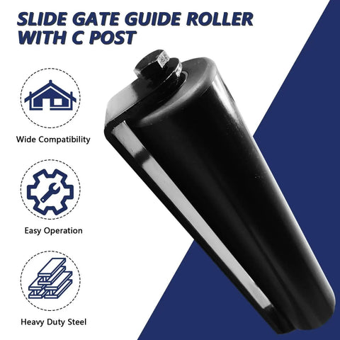 Slide Gate Guide Roller With C Post Welded Bracket, single package, showing close-up of durable black steel and nylon components