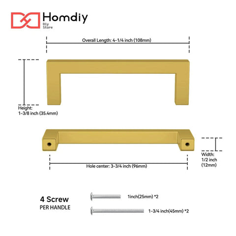 Brushed Brass Cabinet Handles Set 3.75 Inch Stainless Steel 10 Pack Modern Square Pulls with dimensions and screws.