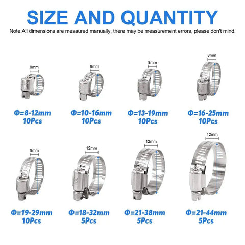 Versatile 65 Piece Set 304 Stainless Steel Adjustable 8 To 44mm Worm Gear Hose Clamp Set size and quantity chart