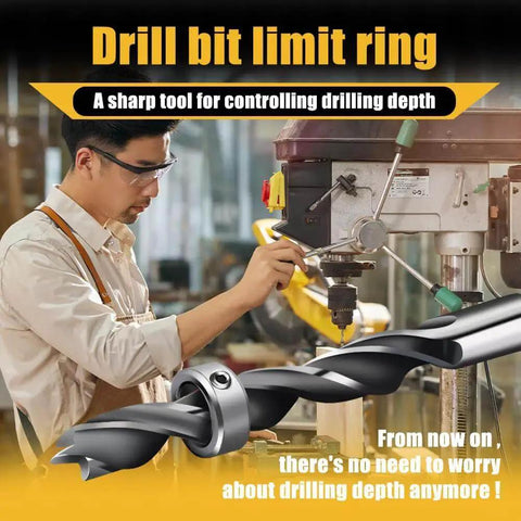 Depth Stop Drill Bit Set With Nine Pieces And Allen Wrench By Tiosamd in use on a drill press for precise depth control in metalwork