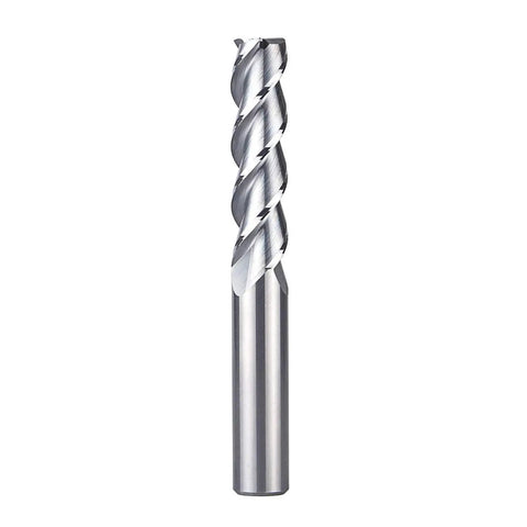 3 Flute Carbide End Mill For Aluminum Upcut CNC Cutter With One Half Inch Shank And One Half Inch Cutting Diameter Extra Long Four Inch Overall Length And Two Inch Cutting Length Flat Top For Non Ferrous Milling