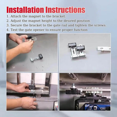 Installation process of Automatic Sliding Gate Magnetic Limit Switch with Precision Locator Magnet for gate motors.