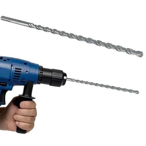Two Pack SDS Plus Rotary Hammer Drill Bits One Half Inch By Twelve Inch Carbide Tipped Masonry Drill Bits For Concrete Brick Stone And Cement Optimized For Fast Precise Drilling In Heavy Duty Applications shown with a blue power drill.