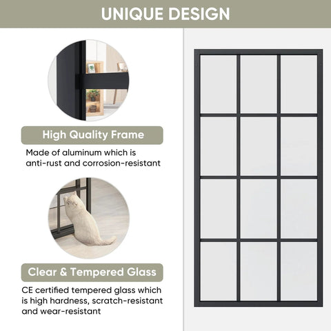 Bypass Double Glass Barn Door Kit With 84 By 84 In Clear Tempered Glass And 7.5 Ft Side Mounted Aluminum Black Frame.