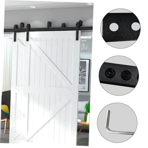 Track Splicing Metal Joint Plate For Barn Door Track, Flat Bracket Connector in black finish on installed barn doors.