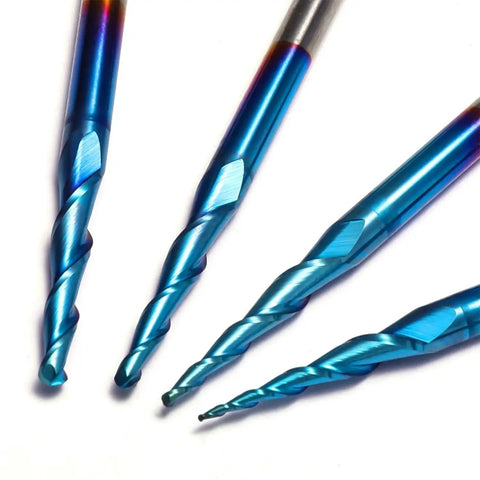 4 Piece Set Of 2 Flute Tapered Ball Nose End Mills Tungsten Carbide Cutter With Nano Blue Coating Radius Range R0.25 To 1.0 One Eighth Inch Shank TB04A, front view