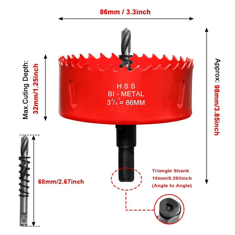 3 3/8 Inch Hole Saw For Wood And Plastic Bi Metal HSS Core Drill Bit Cutter 86mm Fits Drywall PVC with measurements