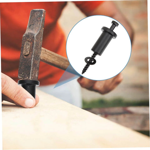 Installation process of Premium Sliding Barn Door Hardware Kit with carbon steel spacers and connectors being hammered onto wood surface.