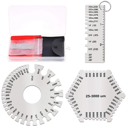 Pro Grade Welding Gauge Kit From Glarks 3 Pack with stainless steel gauges, showing wet film comb and thickness gauge.