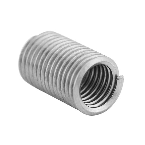 Close-up of a single coiled wire helical screw thread insert from the 50 Pcs M6 X 1.0 X 3D Stainless Steel Helicoil Thread Inserts Set.