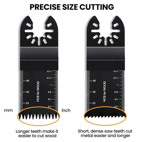 Close-up of two oscillating tool blades for precise cutting, showing HCS teeth for wood and metal. Includes size measurements.