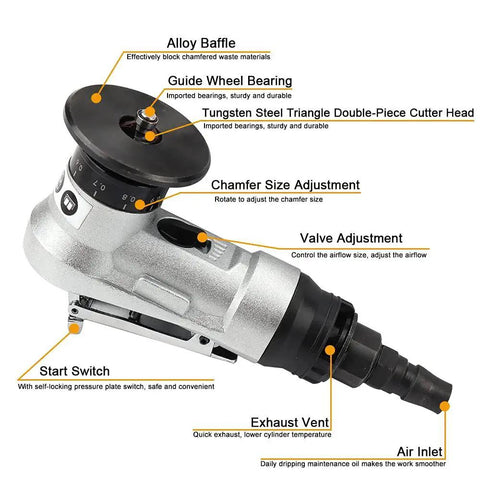 Compact Mini Pneumatic Chamfering Tool With Replaceable Blades And Bearings, 45 Degree Air Beveler For Metal Deburring, showing parts labeled.