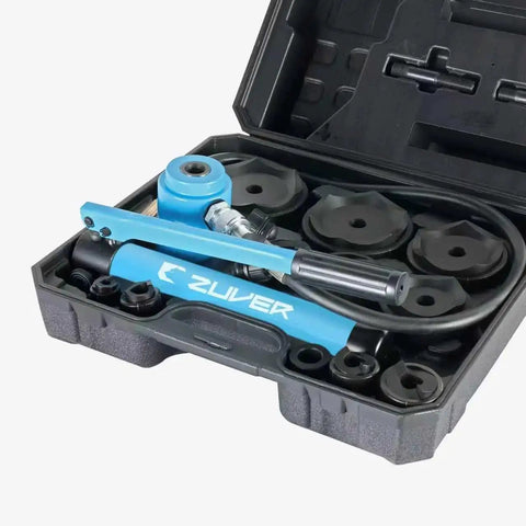 15 Ton Hydraulic Knockout Punch Set With 10 Slug Dies From 1/2 Inch To 4 Inch in durable plastic case with hydraulic pump and studs.