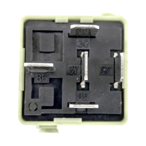 Close-up of Four Pack 12V DC 40A 5 Pin SPDT Automotive Relay for BMW E46 E90 E70 X5 Mini Cooper R56 Replacement, bottom view of pins.