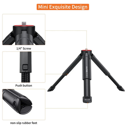 Diagram showing Extendable Mini Camera Tripod with 1/4 Inch Screw, push button, and non-slip rubber feet; lightweight ABS design for DSLR