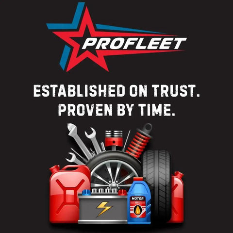 Profleet brand logo with automotive parts graphic including tools, tire, battery and oil can.