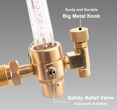 Close-up of brass Argon And CO2 Gas Regulator For MIG Welder with metal knob and safety relief valve, CGA 580 Inlet.