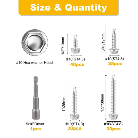 Self Tapping Screws Kit In 410 Stainless Steel 125 Piece Assortment With Driver No 10 Size Half Inch Three Quarter Inch One Inch One And A Half Inch Hex Washer Head Corrosion Resistant Fasteners Includes Five Sixteenths Inch Driver size chart