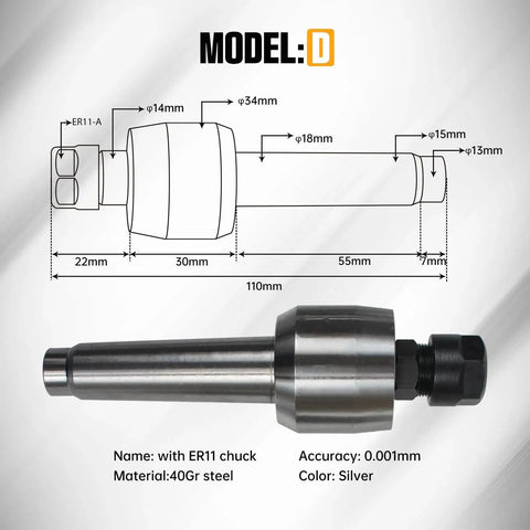 Diagram and photo of a 65mm MT2 Movable Tailstock Lathe Center with Four Replaceable Heads for CNC 4 Axis Engraving Machines, silver, steel construction.