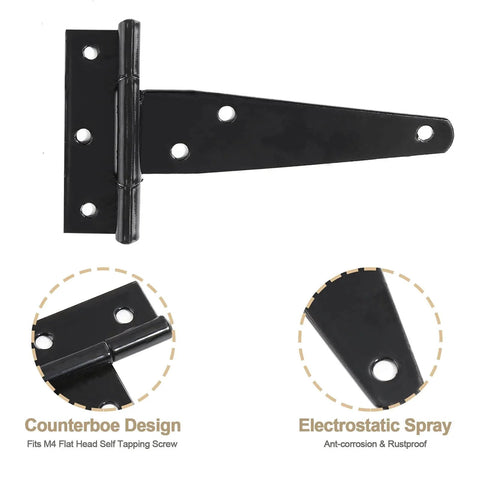 Eight 4-Inch T-Strap Door Hinges with mounting screws, heavy duty iron hinge for barn doors, gates, sheds featuring a counterbore design