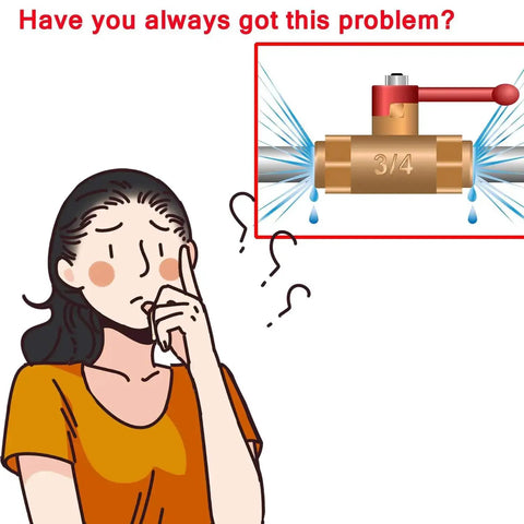 Illustration of a woman puzzled by a leaky 3/4 valve with water dripping, questioning plumbing problems.
