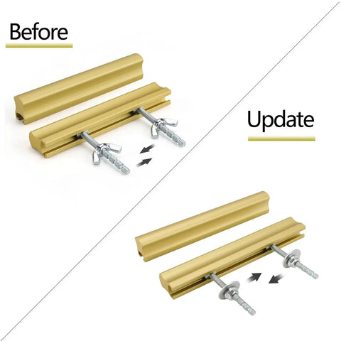 Comparison of 10 Pack Adjustable Cabinet Drawer Pulls 102mm 4 Inch Brushed Brass Drawer Handles with wing nut fasteners, before and updated.