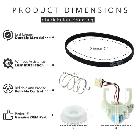 GE washer parts set (4 pcs): 21-inch drive belt, metal tension spring, white clutch gear, actuator housing with wires.