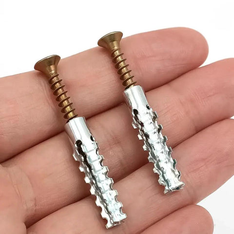 Close-up of Heavy Duty Wall Anchor Expansion Bolts with Self Tapping Screws and Drilling Plugs, serrated expansion nails in hand