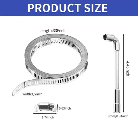304 Stainless Steel Hose Clamp Kit With 33 Foot Metal Strap and L Socket Wrench showing size dimensions