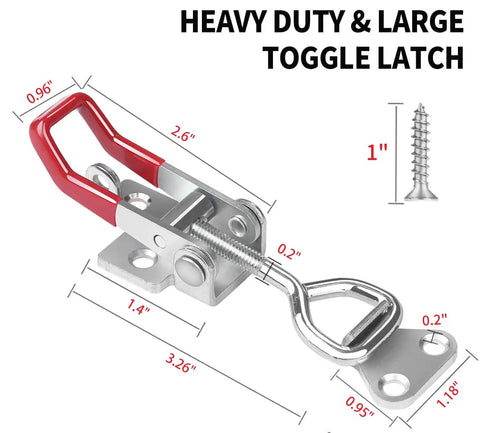 8 Pack Heavy Duty Toggle Latch Clamp With Lock Hole, 550 Lbs Holding Capacity, shown with dimensions and screw