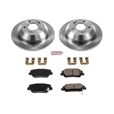 PowerStop rear brake kit: two rotors, ceramic pads, and hardware for Hyundai Santa Fe and Kia Sorento.