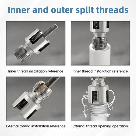 3 In 1 Pipe Threader Kit With Internal And External Threading Screw Extractor And Sealant Tape For One Half Inch And Three Quarter Inch PVC Pipes Electric Drill Compatible Plumbing DIY Tool For Home Improvement. Image showing internal and external threading tools setup on PVC pipes.
