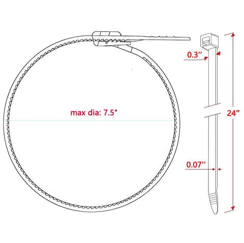 Diagram of Beefy 24 Inch Cable Ties Pack Of 50 With 200 Lbs Tensile Strength, UV Resistant Outdoor Zip Ties showing dimensions.