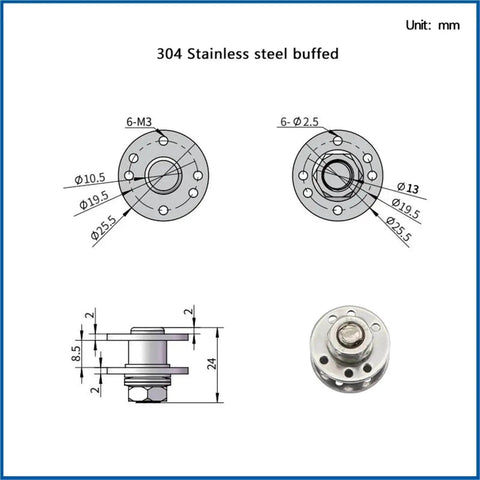 Technical drawing of 360 Degree Hidden Rotation Adjustable Torque Gate Hinge One Piece Two Newton Meters Beefy Heavy Duty 304 Stainless Steel Buffed Finish