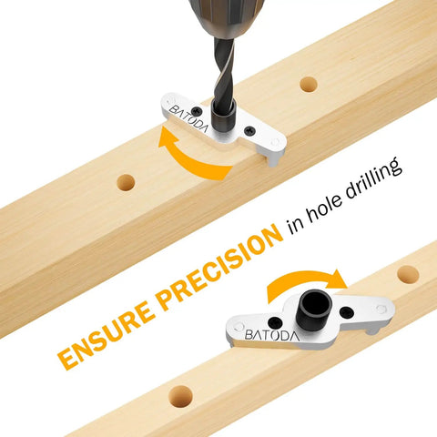 Heavy Duty Dowel Jig Kit For Floating Shelf Brackets With One Half Inch Drill Bit Included, showing drill guide on wood.