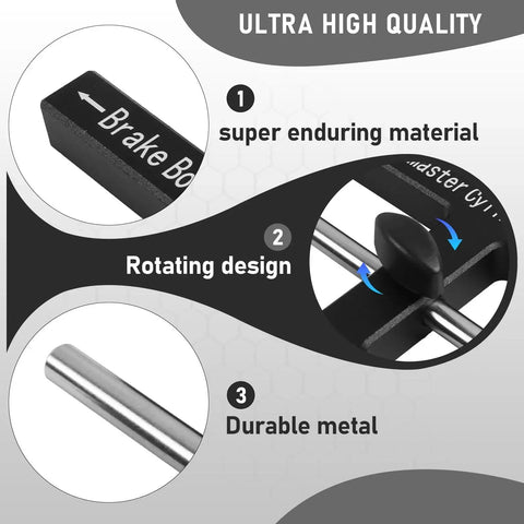Brake adjustment tool, black CNC aluminum with rotating knob and metal rod; Amazon brand automotive part.