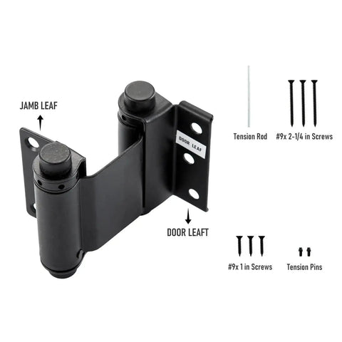 3 Inch Double Action Self Closing Door Hinge Set For Saloon Bar Pub Doors Matte Black 2 Pack Heavy Duty Steel Construction Includes Screws Rust Resistant For Three Quarter Inch Doors By Home Master Hardware close-up view with screws and tension rod