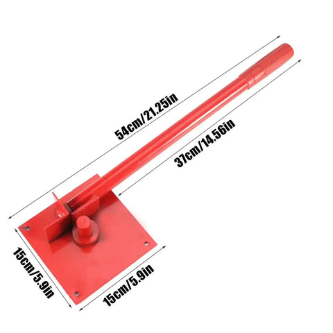 Tubing Bending Hand Tool With Straight Jaw Pliers For Ductwork And Building Projects, compact red bender with measurements.