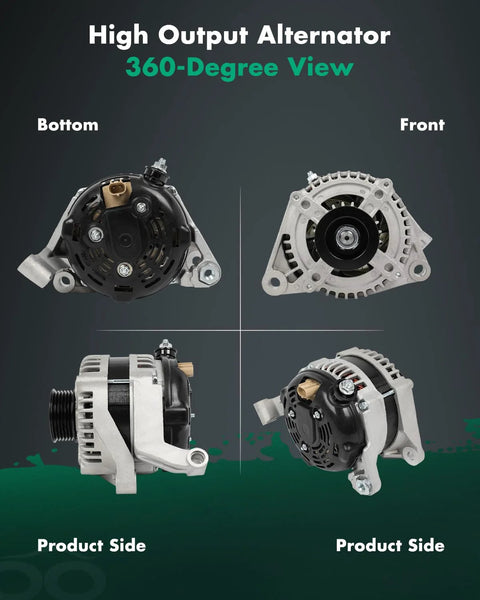 Beefed Up 12V 136Amp Alternator Replacement For Dodge Ram 1500 Durango Jeep Liberty Grand Cherokee 2001-2006 3.7L 4.7L 6 Groove CW Pulley OEM 13912 Fitment in various views, showing front, side, and bottom angles.