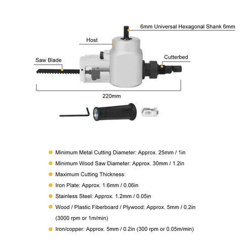 Diagram of All In One Heavy Duty Dual Head Nibbler And Cutter Drill Attachment with dimensions and hexagonal shank, includes wrench.
