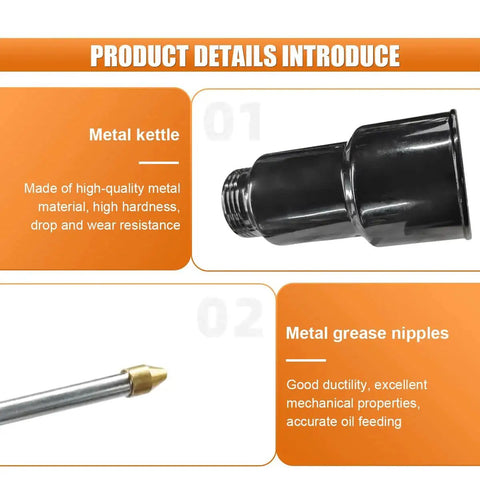 All Steel Pump Oiler Can With Handle 8 Oz 250 Ml Pistol Oil Spray Can components, including metal spout and grease nipple details