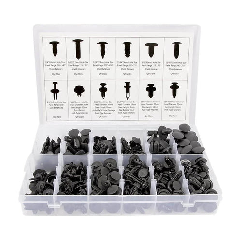 240 Piece Car Bumper Clips Kit With Plastic Rivets And Push Retainers displayed in an organized box with labeled sections.