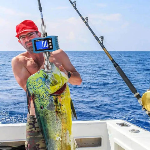 Fisherman uses Built Tough Workhorse Hanging Scale Digital Crane Scale 1000kg 2204lb with LCD backlight on boat