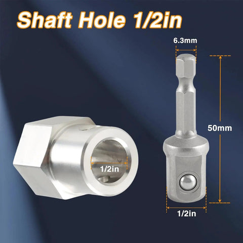 Stainless Steel Trailer Jack Crank Cordless Drill Adapter With Half Inch Socket showing 1/2in shaft dimensions