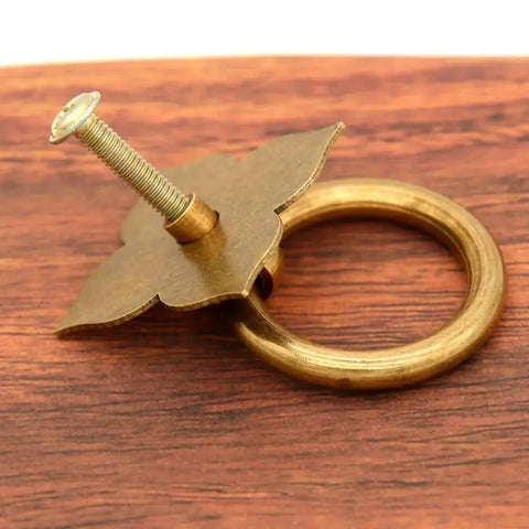 Set Of 4 Vintage Antique Bronze Ring Pulls In Pure Solid Brass Four Leaf Clover Base Retro Cabinet Hardware with 1.375-inch Ring