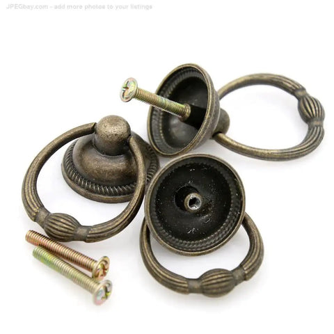 Set Of 6 Vintage Antique Brass Drop Ring Pulls For Drawers With Single Mounting Hole Large Ring Size 1.4-Inch And Pull Height 2.1-Inch shown with screws
