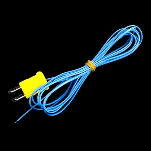 Front view of a K-type thermocouple temperature sensor with 2 m blue insulated wire and yellow mini-connector plug