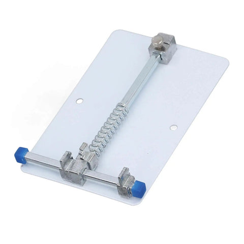 Heavy Duty Stainless Steel PCB Holder And Fixture Clamp For Small Circuit Boards with spring mechanism on white background.