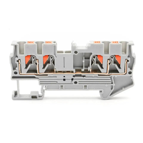 Orange 2.5mm2 4-Wire Terminal Block Kit for DIN Rail with Spring Clamp Connections 10 Pack, side view.